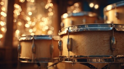 Close-up of wooden drums with shiny metallic rims, set against a blurred background of sparkling lights, creating a warm and festive atmosphere.