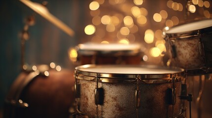 A close-up of a sparkling drum set, illuminated by soft bokeh lights, highlighting the intricate details and textures of the drums.