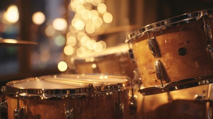 A close-up view of wooden drums with blurred lights in the background, creating a warm and inviting musical atmosphere.