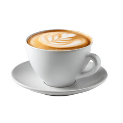 White cup of coffee with latte art on a saucer, isolated on transparent background
