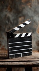 A vintage film clapperboard rests on a wooden surface, symbolizing cinema and filmmaking, against a textured backdrop.