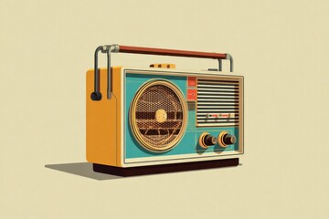 A vintage radio with a bright color palette, featuring dials and a speaker, set against a simple background, evoking nostalgia and retro aesthetics.