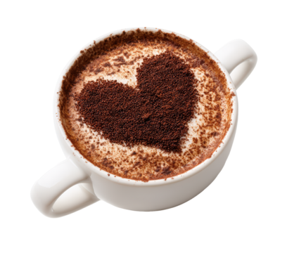 A warm cup of coffee featuring a heart shape created with cocoa powder, isolated on transparent background