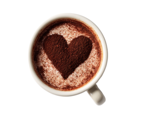 Top view of a coffee cup with heartshaped cocoa powder art, isolated on transparent background