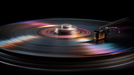 A close-up of a vinyl record on a turntable, capturing vibrant colors and motion, highlighting the beauty of music in retro style.