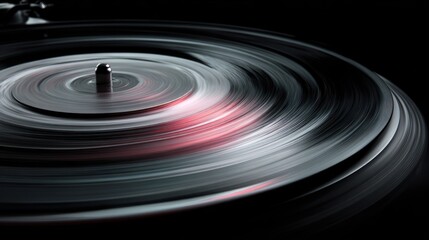A close-up view of a spinning vinyl record, showcasing its grooves and motion against a dark background, highlighting the art of analog music playback.
