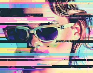 Glitch Portrait of Woman Wearing Retro Sunglasses.