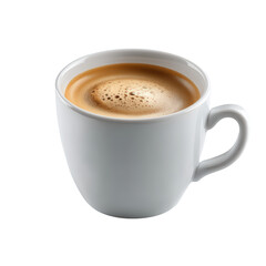 A steaming cup of coffee with a foamy top, isolated on a transparent background