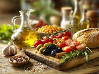 A vibrant display of fresh ingredients including olives, tomatoes, herbs, and bread, beautifully arranged with olive oil and spices on a wooden board.