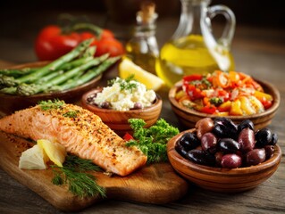 A vibrant display of delicious salmon, fresh vegetables, and flavorful sides, showcasing a healthy and appetizing meal.