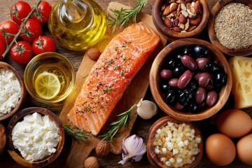 A vibrant assortment of fresh ingredients featuring salmon, olives, garlic, herbs, and tomatoes, perfect for a healthy meal preparation.