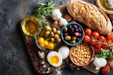 A vibrant arrangement of olives, eggs, bread, tomatoes, and garlic, showcasing a fresh and healthy Mediterranean-inspired spread.