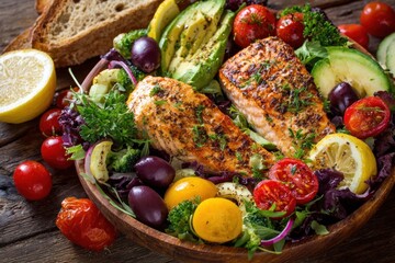A vibrant salad with grilled salmon, fresh vegetables, and lemon, served in a wooden bowl, alongside slices of bread.