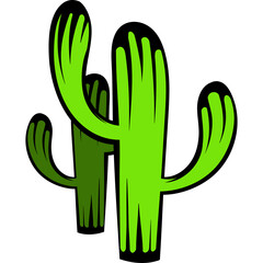 Cartoon Style Green Cactus With Black Outline On A Transparent Background