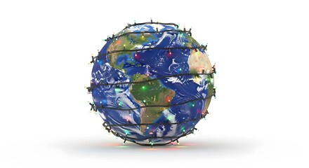 A 3D Earth Globe Wrapped in Barbed Wire or Christmas lights- Global Conflict, Border Control, and Environmental Concerns isolated on white bac