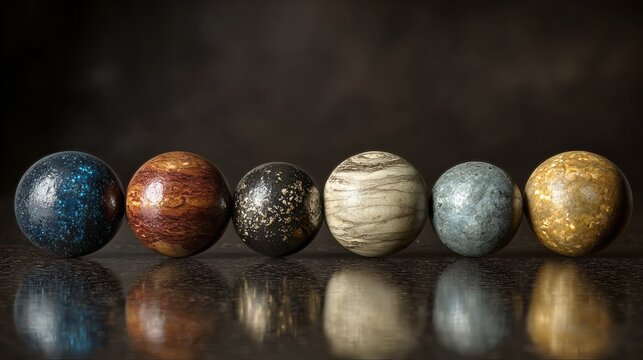 A mesmerizing collection of celestial spheres, each uniquely textured and colored, evoking the vastness of space and cosmic wonder.