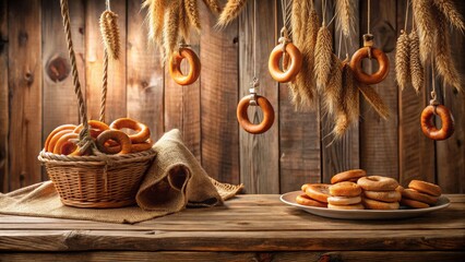 Rustic Bakery Scene  Golden-Brown Bread Rings in a Woven Basket and Hanging from Rustic Wood