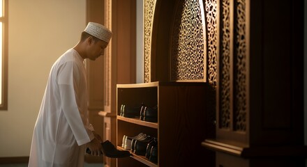 Young Man Selecting Book in Ornate Prayer Hall.