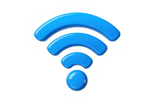 Blue 3d wi-fi icon representing wireless network connection, internet access, signal, and data transfer