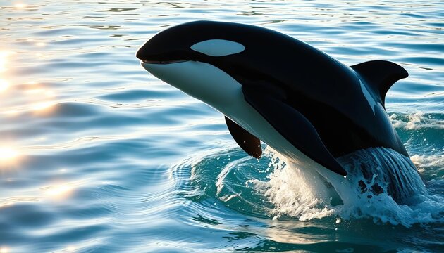 Orca pod breaching, sunlight reflecting on water, ocean mammal, animal - Powered by Adobe