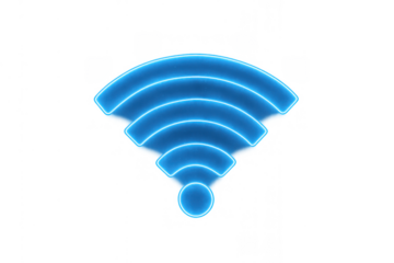 Wifi connection signal icon glowing in blue neon light, showing strong network and wireless technology