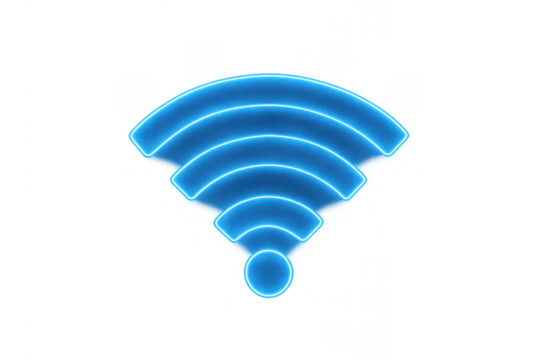 Wifi connection signal icon glowing in blue neon light, showing strong network and wireless technology