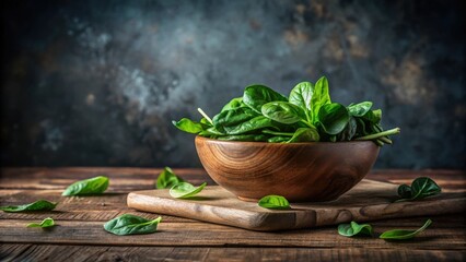 A wooden bowl brimming with fresh spinach leaves, resting on a rustic wooden cutting board, presents a vibrant display of healthy greens.