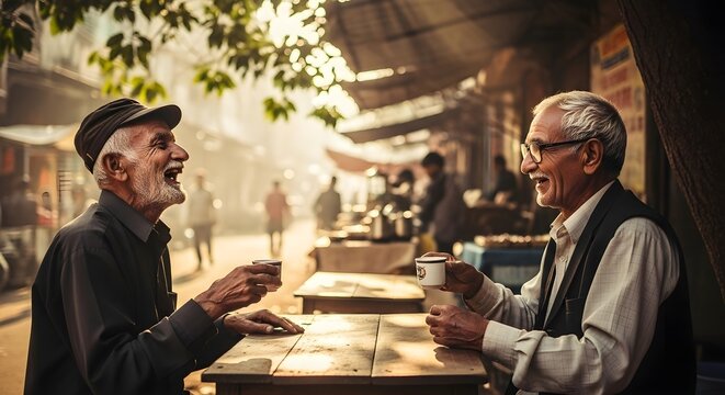 Two elderly men with glasses and hats sharing a lively conversation over cups of tea at a bustling outdoor market stall