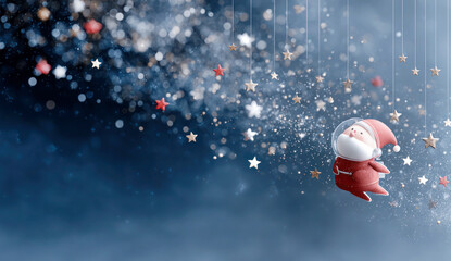 Santa Claus as a cute astronaut floating in space with Christmas stars, playful cosmic theme, copy space for text, Christmas Seasons Greetings