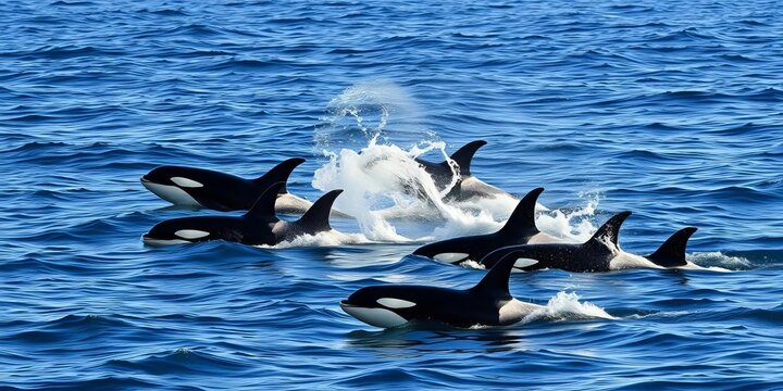 A pod of orcas swimming in the ocean, breaching, orca,  black and white