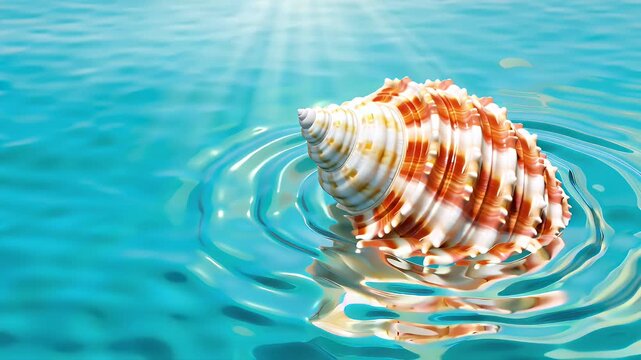 Brightly striped conch shell resting on sunlit turquoise water with ripples