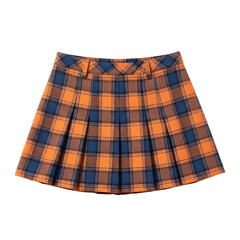 A vibrant orange and navy blue plaid pleated mini skirt with a classic tartan pattern isolated on transparent background