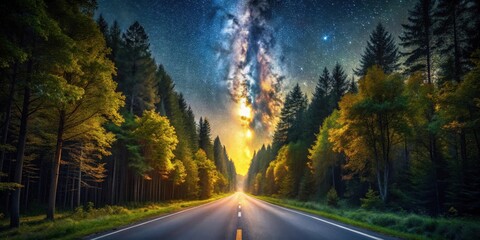 Naklejka premium Asphalt Path Under Celestial Canvas A Journey Through an Enchanting Forest at Dawn