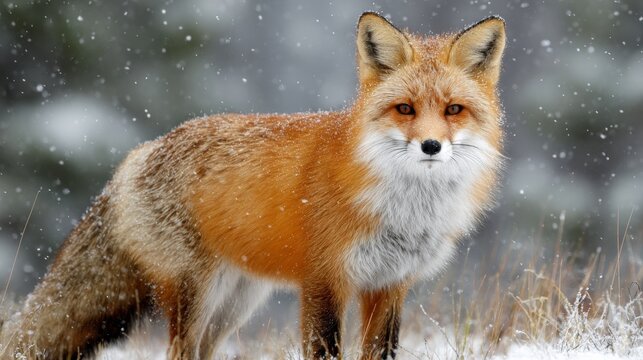 Majestic Red Fox Gliding Gracefully Through a Winter Wonderland of Snowflakes and Frosty Pines - Powered by Adobe