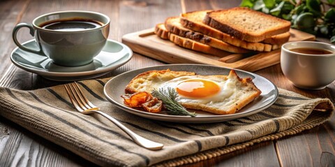A delightful breakfast scene featuring a fried egg nestled in toasted bread, accompanied by crispy fried potatoes and a steaming cup of coffee, all set against a rustic wooden table.