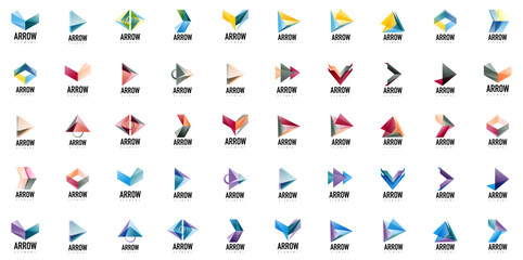 Multiple variations logo design. Colorful geometric shapes create dynamic visual identity. Text ARROW appears below each icon.