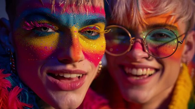 Close-up portrait of two non-binary individuals with vibrant colorful makeup and glitter. Concept of gender expression, creativity and diversity