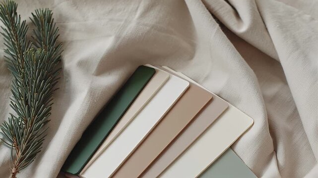 Calm Flat Lay Scene with Neutral Books, Beige Fabric, and a Pine Branch