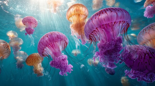 Vibrant pink and orange jellyfish drift gracefully through sunlit ocean depths creating a mesmerizing underwater spectacle.