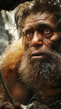 Close up of an early ancestor, this is a video of an archaic human. Stone age man stands in a snowy climate. This prehistoric human is holding a staff
