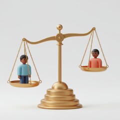 Wooden scale with cartoon characters representing equality and justice