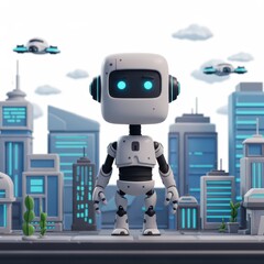 Friendly Robot in Futuristic Cityscape with Hovering Drones Above