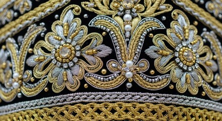 Intricate gold and silver embroidery with floral patterns on fabric