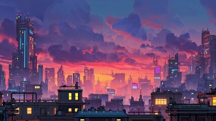 Colorful futuristic cityscape at sunset with glowing skyscrapers and dramatic clouds. Concept of cyberpunk city, digital art and game environment - Powered by Adobe