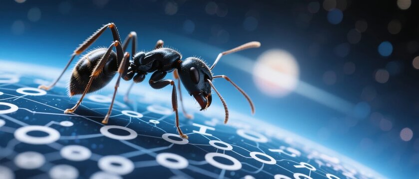 Ant crawling on a digital network surface with binary code patterns