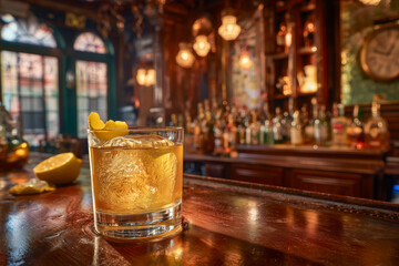 Savor a classic cocktail on a rich wooden bar, perfectly chilled with a lemon twist, evoking cozy evenings in a dimly lit, elegant bar atmosphere.