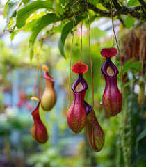 Close-up photograph of several giant carnivorous plants growing among lush green foliage in the jungle, showcasing their unique structure with long tendrils and focusing on the pink and red teeth