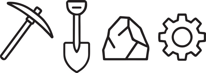 Obraz premium Minimal mining tools outline icons with gear and rock elements in clean vector style.