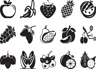Collection of black and white fruit icons on a white background apple banana