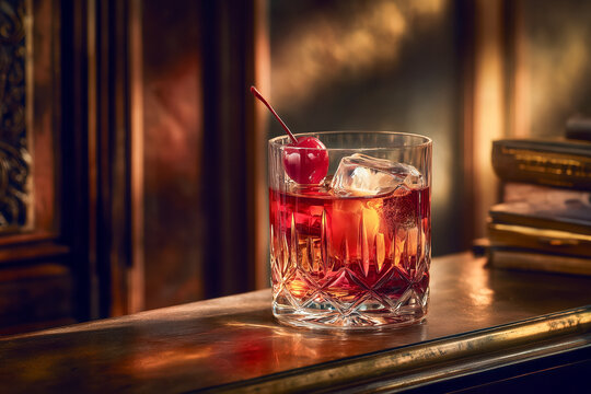 Savor a classic ruby red cocktail with a bright cherry garnish, perfectly chilled with ice, exuding sophisticated bar ambiance and timeless elegance.